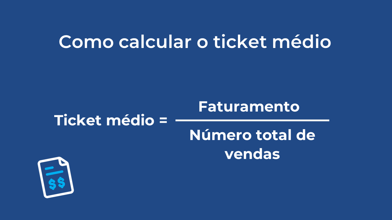Fundo azul com título Como calcular o ticket médio e abaixo a explicação: o ticket médio é o faturamento dividido pelo número total de vendas.